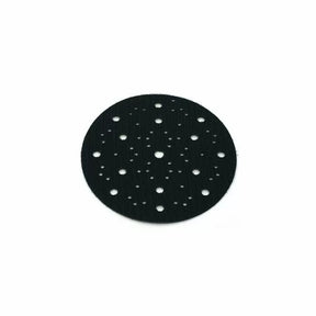 Round black sanding disc pad with multiple dust extraction holes for woodworking tools