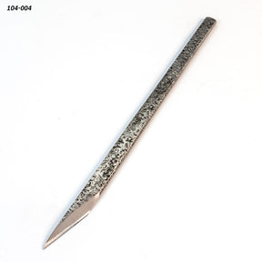 Steel woodworking marking knife with textured handle and sharp pointed blade on white background