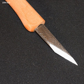Wood carving knife with wooden handle and textured steel blade on black background