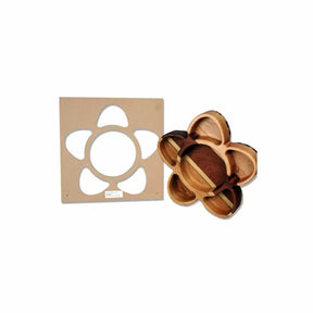 Flower-shaped wooden serving tray with matching woodworking template on white background.