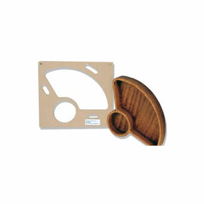 Woodworking tray template set with MDF routing template and finished wooden tray on white background
