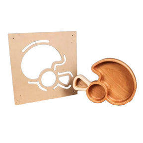 Woodworking MDF template and finished wooden bug-shaped tray with segmented compartments