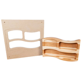 Woodworking flag tray template and finished wooden tray with wave-shaped compartments