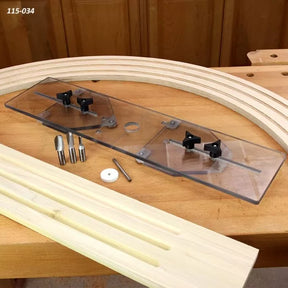 Woodworking router jig with router bits and slotted wooden boards on a workbench