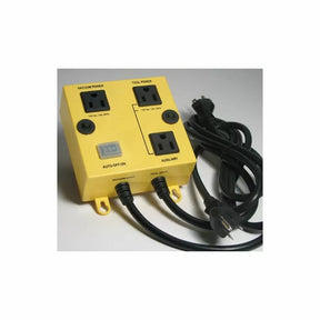 Yellow automatic power switch box with multiple outlets and power cords for woodworking tools
