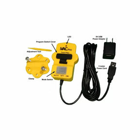 Yellow tool switch kit with labeled parts, USB power cord, and adapter for woodworking tools