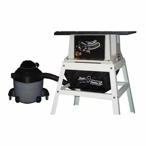 Table saw dust collection system with shop vacuum and dust bag, woodworking tool accessory