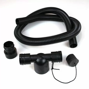 Dust collection hose kit with black flexible hose, T-connector, and accessories for woodworking