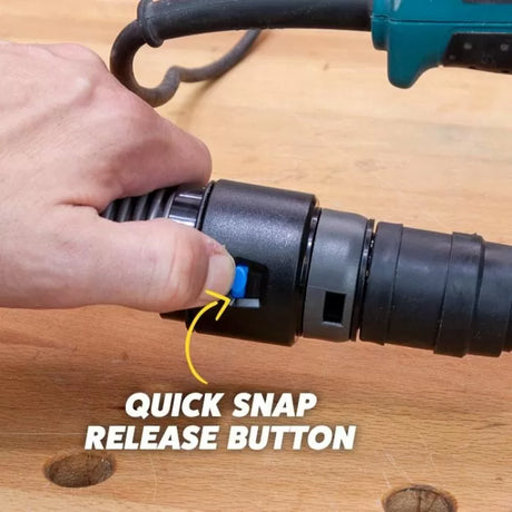 Hand pressing a quick snap release button on a woodworking dust collection hose