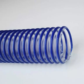 Clear flexible dust collection hose with blue spiral, woodworking tool accessory