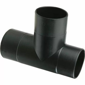 Black plastic dust collection hose tee fitting for woodworking shop setups