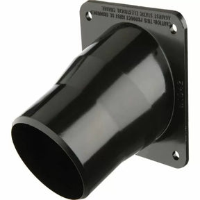 Black plastic dust collection port with mounting plate for woodworking workshop