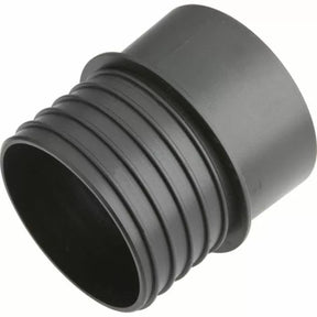 Black plastic dust collection hose adapter for woodworking tools, closeup view