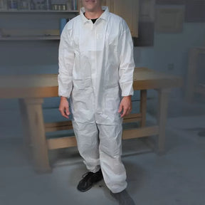 White disposable coverall suit for woodworking or workshop protection
