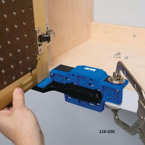Cabinet hinge jig tool used for precise cabinet door hinge installation on woodworking project