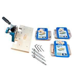 Woodworking dowel jig kit with drill bits, hex keys, and wood dowels on a white background