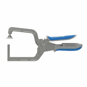 Auto-adjust woodworking clamp with blue handles and wide jaw on white background