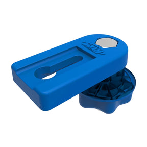 Blue plastic woodworking jig accessory with slotted hole and round knob