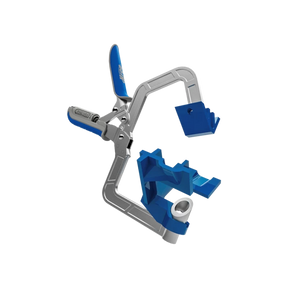 Adjustable woodworking corner clamp tool with blue ergonomic handles and metal frame