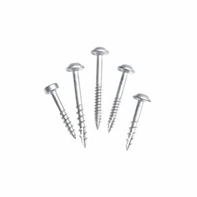 Five silver wood screws with pan heads arranged on a white background.