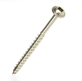 Close-up of a stainless steel wood screw with a square drive head on white background