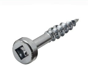 Close-up of a metal square drive wood screw with flat head and spiral threads