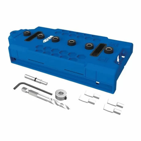 Blue woodworking pocket hole jig kit with drill bit, hex key, and accessories