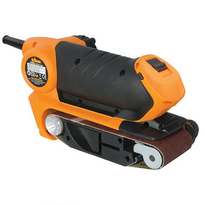 Electric belt sander for woodworking with orange and black body on white background