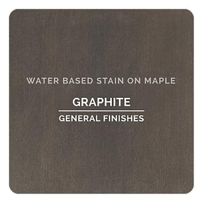 Graphite water based stain sample on maple wood, labeled General Finishes