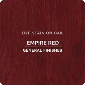 Empire Red dye stain sample on oak wood showing rich red finish and visible grain.