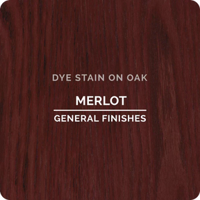 Merlot dye stain sample on oak wood with visible grain texture, labeled General Finishes