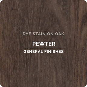 Pewter dye stain on oak wood sample with visible grain and labeled finish.