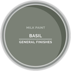 Open can of green basil milk paint by General Finishes, viewed from above.