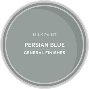 Persian Blue milk paint sample with subtle blue-gray color and General Finishes label.