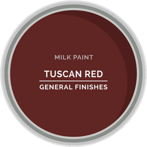 Open can of Tuscan Red milk paint by General Finishes for woodworking projects
