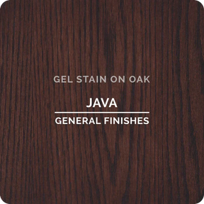Java gel stain on oak wood sample with rich dark brown finish