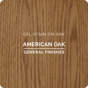 American oak wood sample with gel stain, featuring visible grain and labeled general finishes.