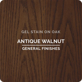 Antique Walnut gel stain finish sample on oak wood with visible grain texture.