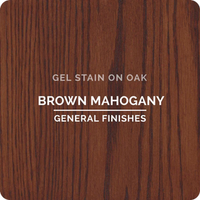 Brown Mahogany gel stain sample on oak wood with visible grain pattern