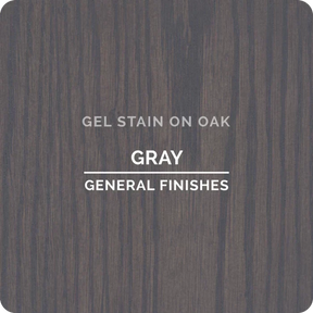 Gray gel stain on oak wood sample with visible grain pattern, labeled general finishes.