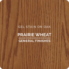 Prairie Wheat gel stain sample on oak wood, showing light brown finish and wood grain.