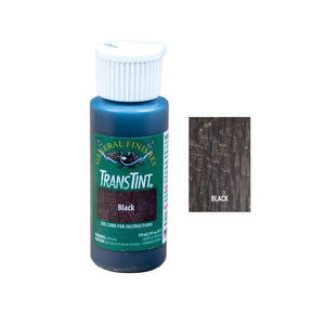 Black TransTint wood dye bottle with sample swatch, woodworking stain finish