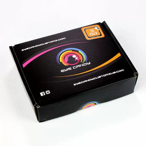 Black product box labeled 'Eye Candy,' 30 pack, with vivid rainbow logo and website text.