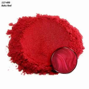 Vibrant Baku Red mica powder pigment with resin sample for woodworking projects