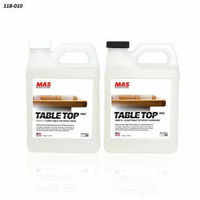 Two containers of MAS Table Top Pro clear epoxy resin and hardener for woodworking projects