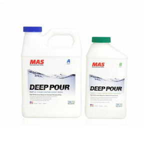 MAS Deep Pour clear casting epoxy resin kit with Part A and Part B containers for woodworking.