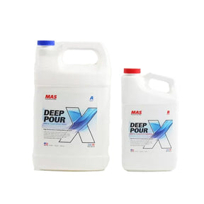 Two containers of MAS Deep Pour X clear epoxy resin kit, parts A and B, for woodworking projects