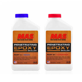 Two bottles of MAS Penetrating Epoxy Sealer, Part A resin and Part B hardener, for woodworking.