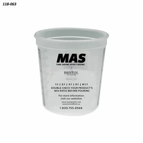 Clear MAS epoxy mixing cup with printed mix ratios and measurement markings