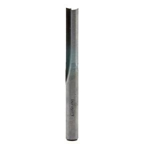 Straight flute router bit with sharp carbide cutting edge for woodworking.